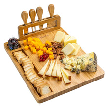 Load image into Gallery viewer, Bamboo Cheese Board and Knife Set - 14x11 inch Charcuterie Board with
