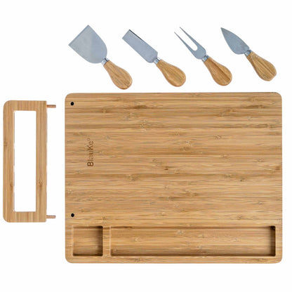 Bamboo Cheese Board and Knife Set - 14x11 inch Charcuterie Board with