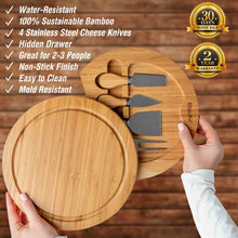 Load image into Gallery viewer, Bamboo Cheese Board and Knife Set - 10 Inch Swiveling Charcuterie
