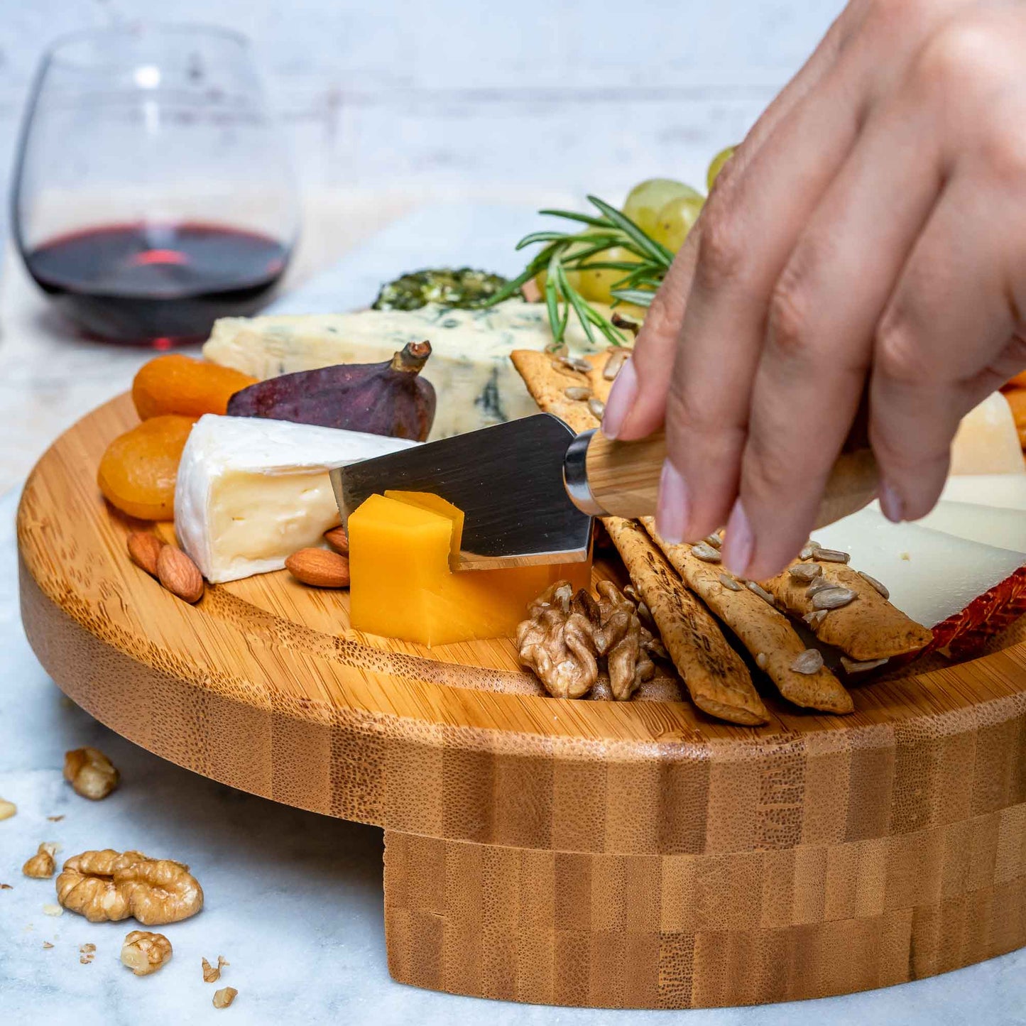 Bamboo Cheese Board and Knife Set - 10 Inch Swiveling Charcuterie