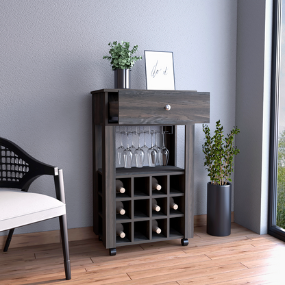 Bar Cart Bayamon, Twelve Wine Cubbies, Four Legs, Carbon Espresso