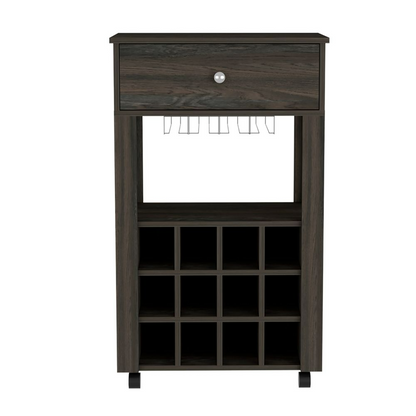 Bar Cart Bayamon, Twelve Wine Cubbies, Four Legs, Carbon Espresso