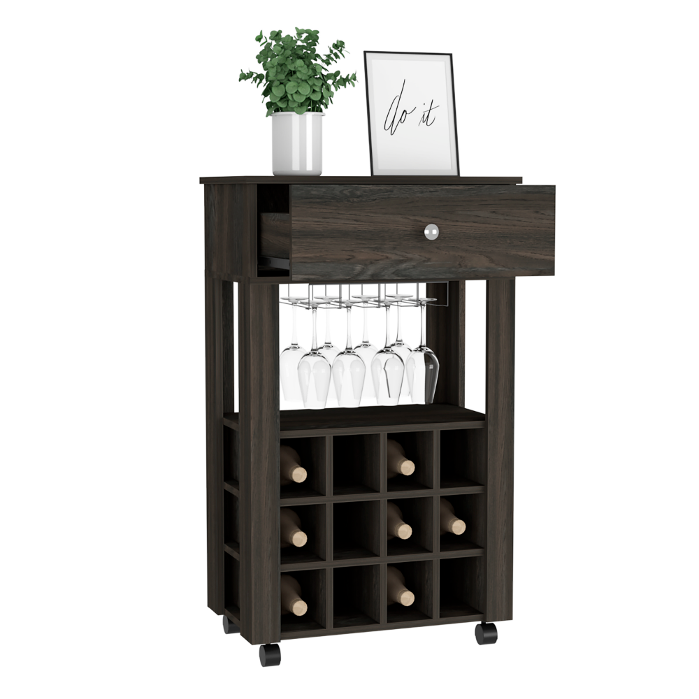 Bar Cart Bayamon, Twelve Wine Cubbies, Four Legs, Carbon Espresso