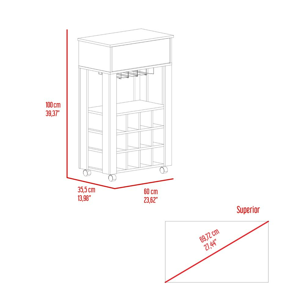 Bar Cart Bayamon, Twelve Wine Cubbies, Four Legs, Carbon Espresso