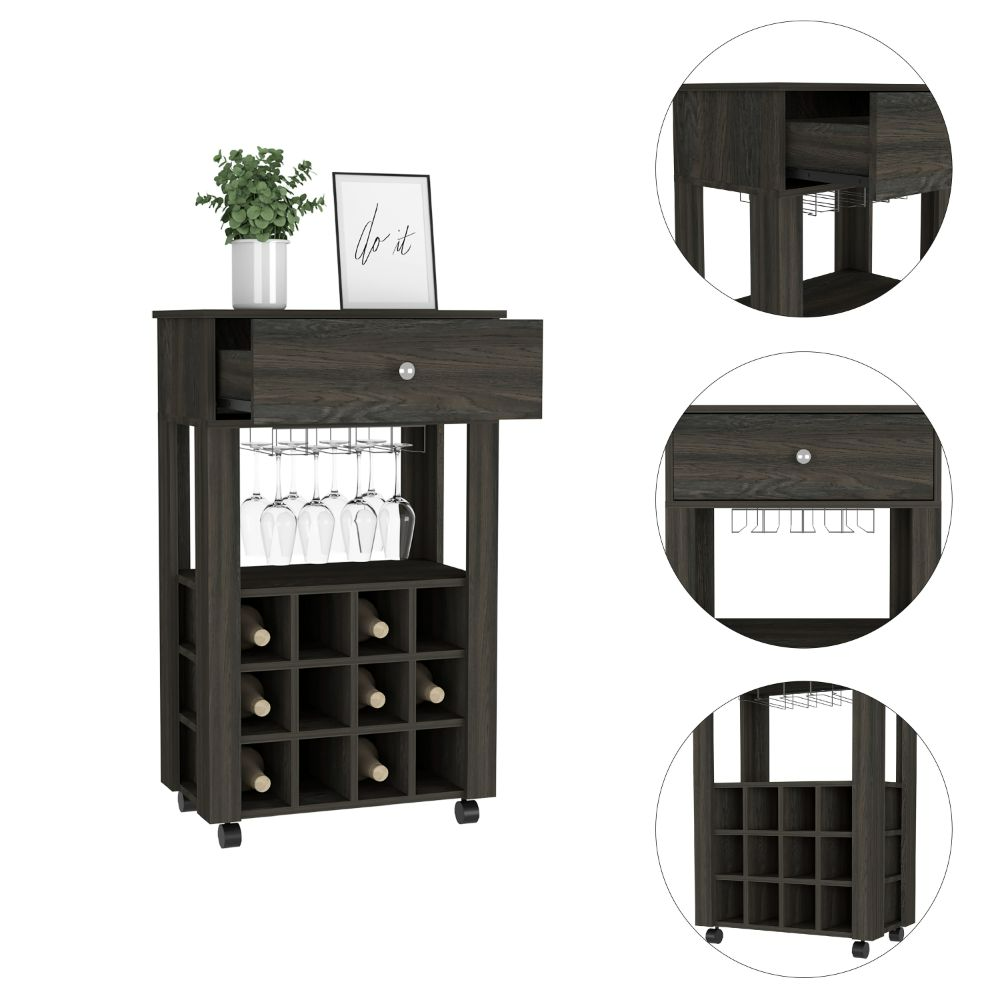 Bar Cart Bayamon, Twelve Wine Cubbies, Four Legs, Carbon Espresso