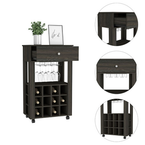 Bar Cart Bayamon, Twelve Wine Cubbies, Four Legs, Carbon Espresso