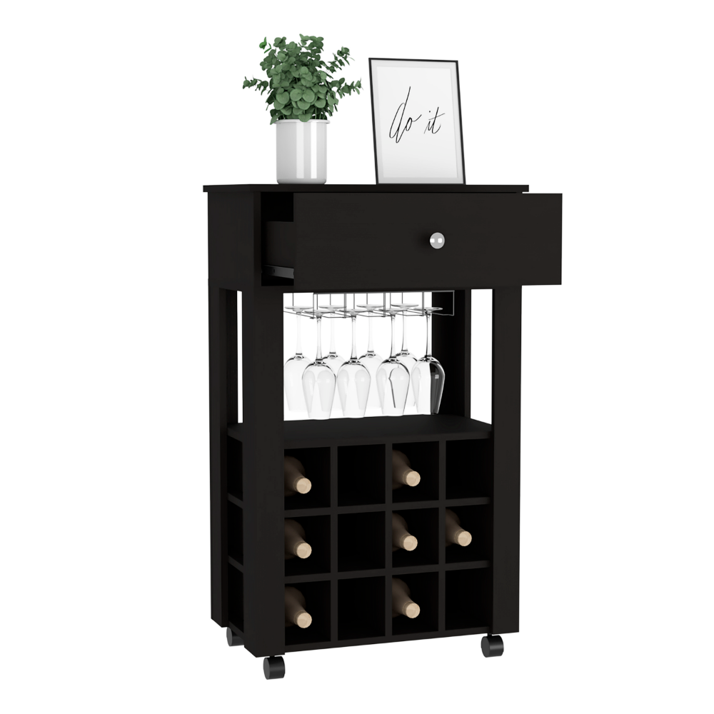 Bar Cart Bayamon, Twelve Wine Cubbies, Four Legs, Black Wengue Finish