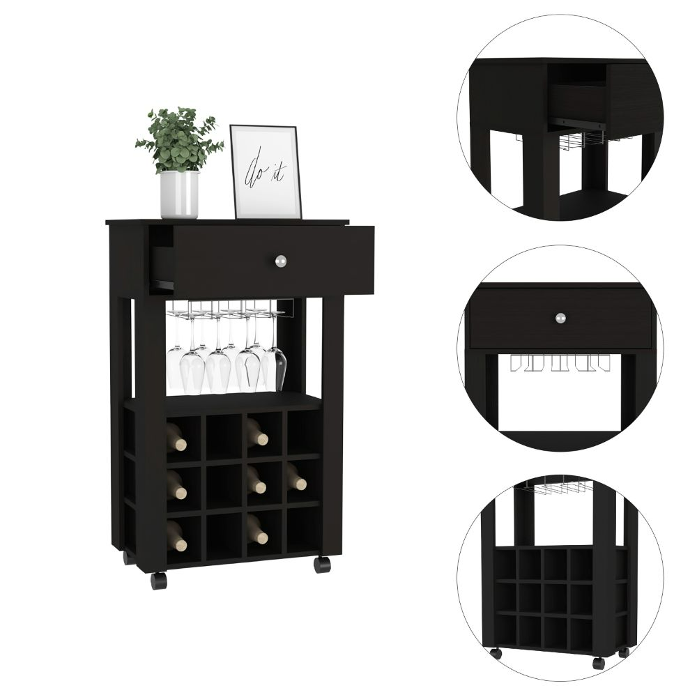 Bar Cart Bayamon, Twelve Wine Cubbies, Four Legs, Black Wengue Finish