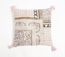 Load image into Gallery viewer, Block Printed Cotton Geometric-Floral Tasseled Cushion Cover
