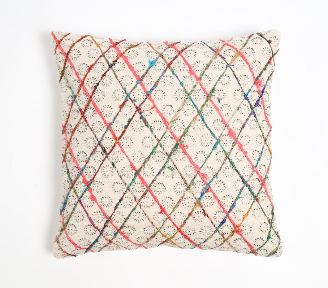 Block Printed & Embroidered Cotton Geometric Cushion Cover