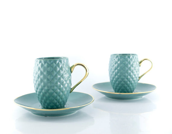 Handmade Pineapple Ceramic Espresso Cup in Blue | Real Gold Accented