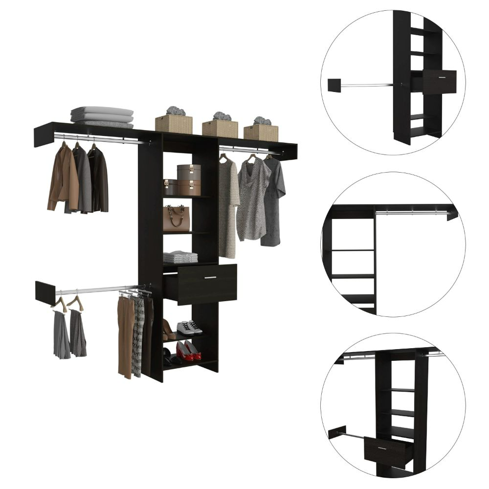 250 Closet System British, One Drawer, Three Metal Rods, Black Wengue | Furniture