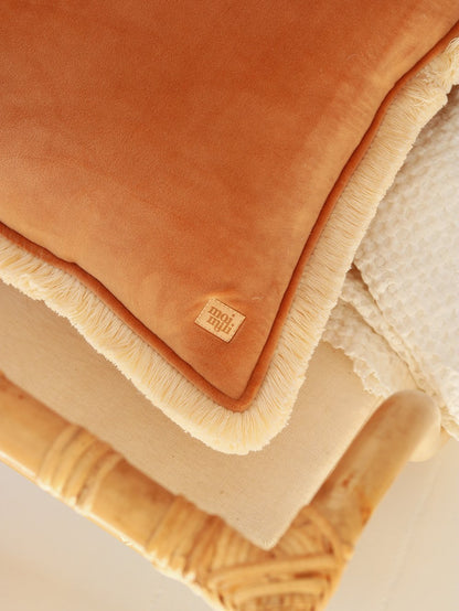 "Caramel" Soft Velvet Pillow With Fringe | Throw Pillow