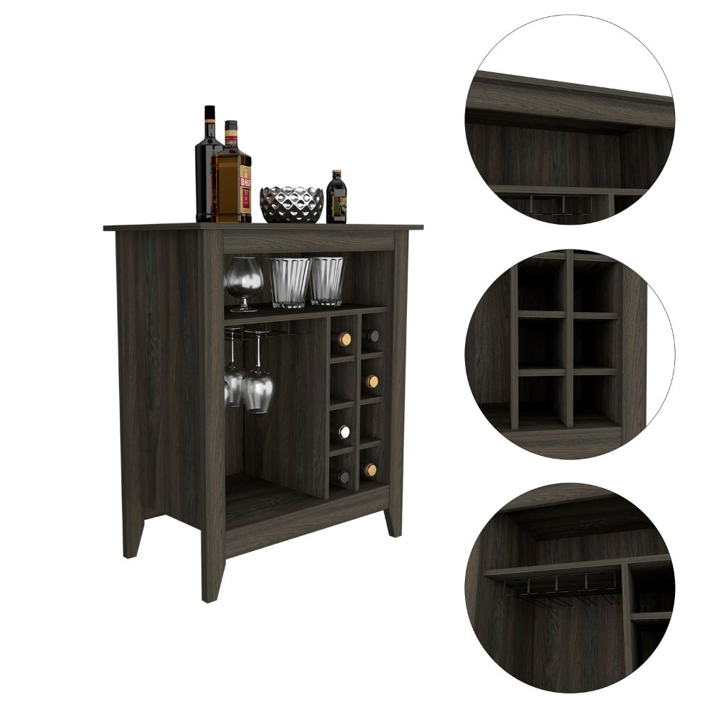 Bar Cabinet Castle, One Open Shelf, Six Wine Cubbies, Carbon Espresso