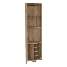 Load image into Gallery viewer, Corner Bar Cabinet  Castle, Three Shelves, Eight Wine Cubbies, Aged
