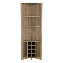 Load image into Gallery viewer, Corner Bar Cabinet  Castle, Three Shelves, Eight Wine Cubbies, Aged
