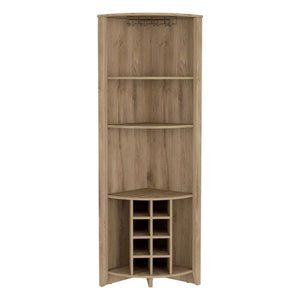 Corner Bar Cabinet  Castle, Three Shelves, Eight Wine Cubbies, Aged