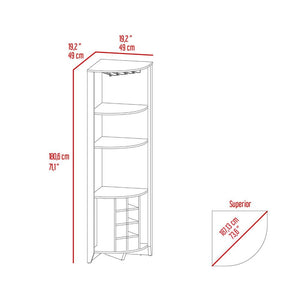 Corner Bar Cabinet  Castle, Three Shelves, Eight Wine Cubbies, Aged