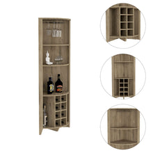 Load image into Gallery viewer, Corner Bar Cabinet  Castle, Three Shelves, Eight Wine Cubbies, Aged
