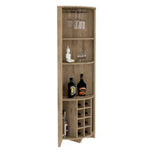 Load image into Gallery viewer, Corner Bar Cabinet  Castle, Three Shelves, Eight Wine Cubbies, Aged
