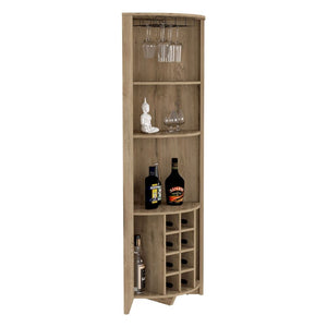 Corner Bar Cabinet  Castle, Three Shelves, Eight Wine Cubbies, Aged