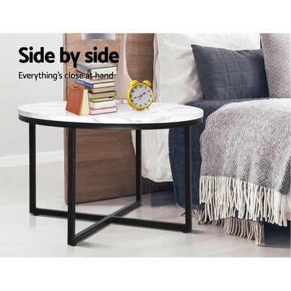 Artiss Coffee Table Marble Effect Side Tables Bedside Round Black