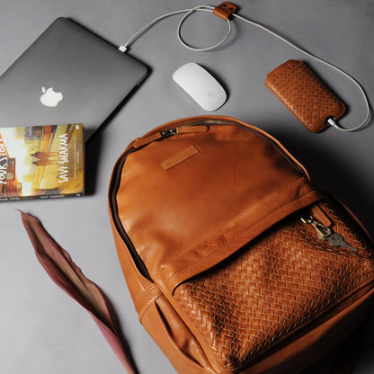 Weaved Journey Leather Backpack - Tan | Journey Collection