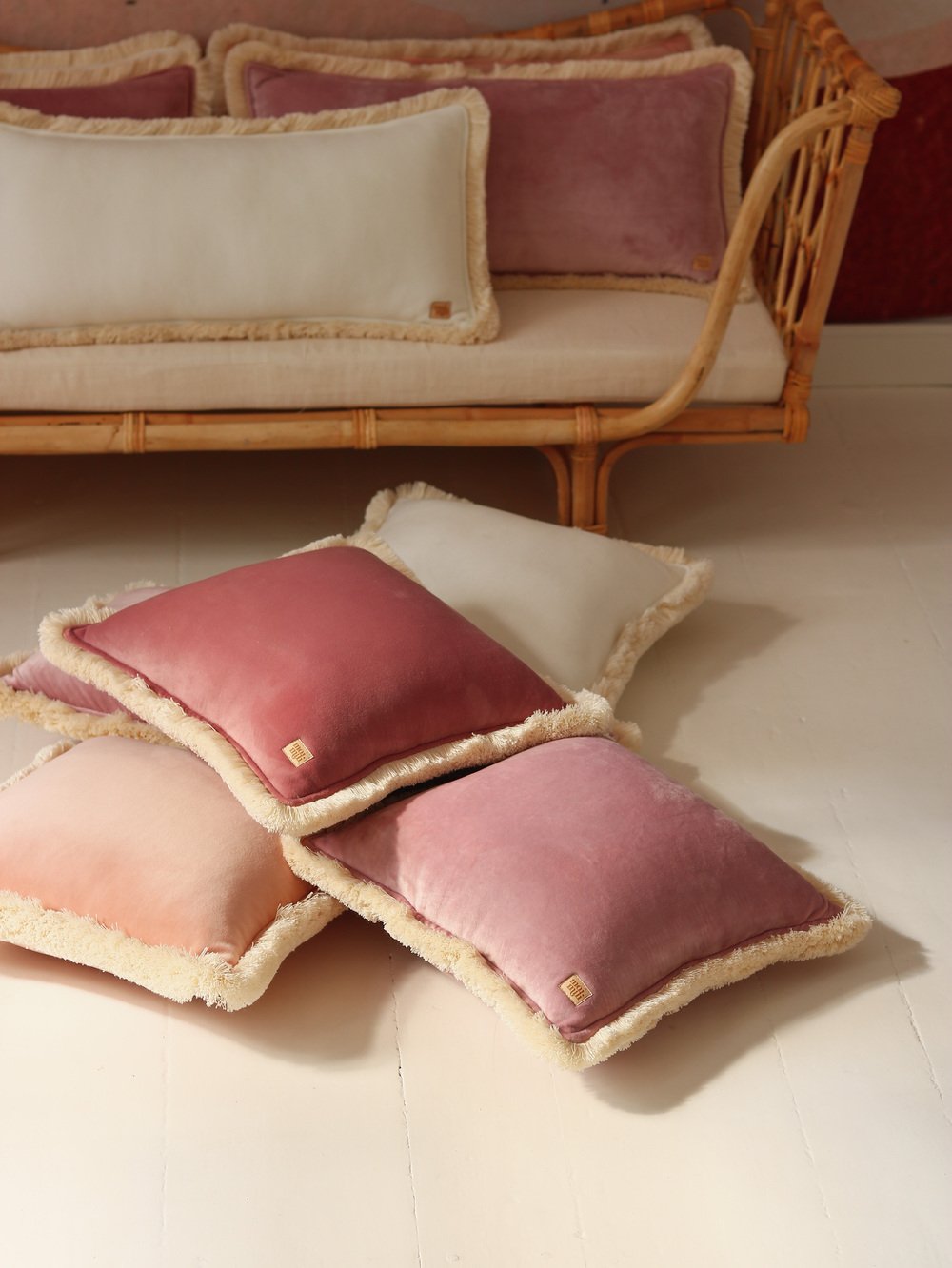 "Light pink" Soft Velvet Pillow With Fringe | Throw PIllows