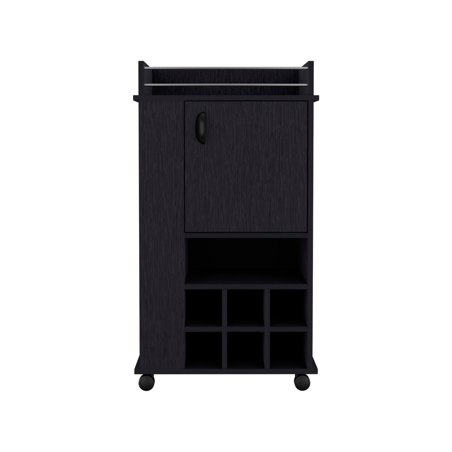 Bar Cart with Casters Reese, Six Wine Cubbies and Single Door, Black