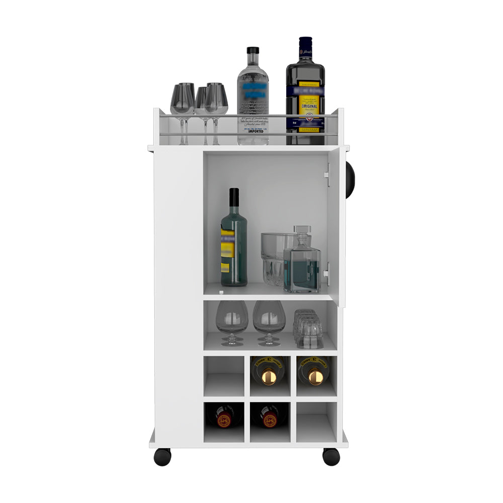 Bar Cart with Casters Reese, Six Wine Cubbies and Single Door, White