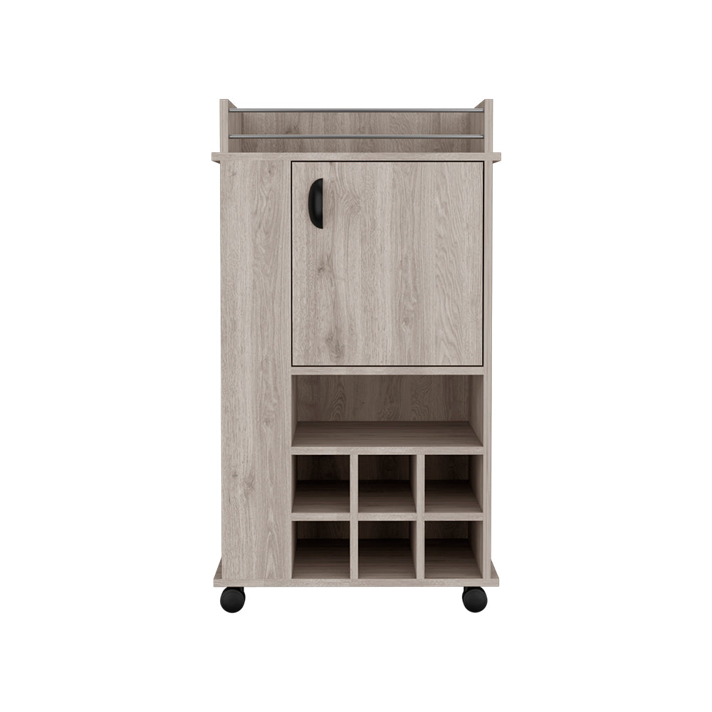 Bar Cart with Casters Reese, Six Wine Cubbies and Single Door, Light