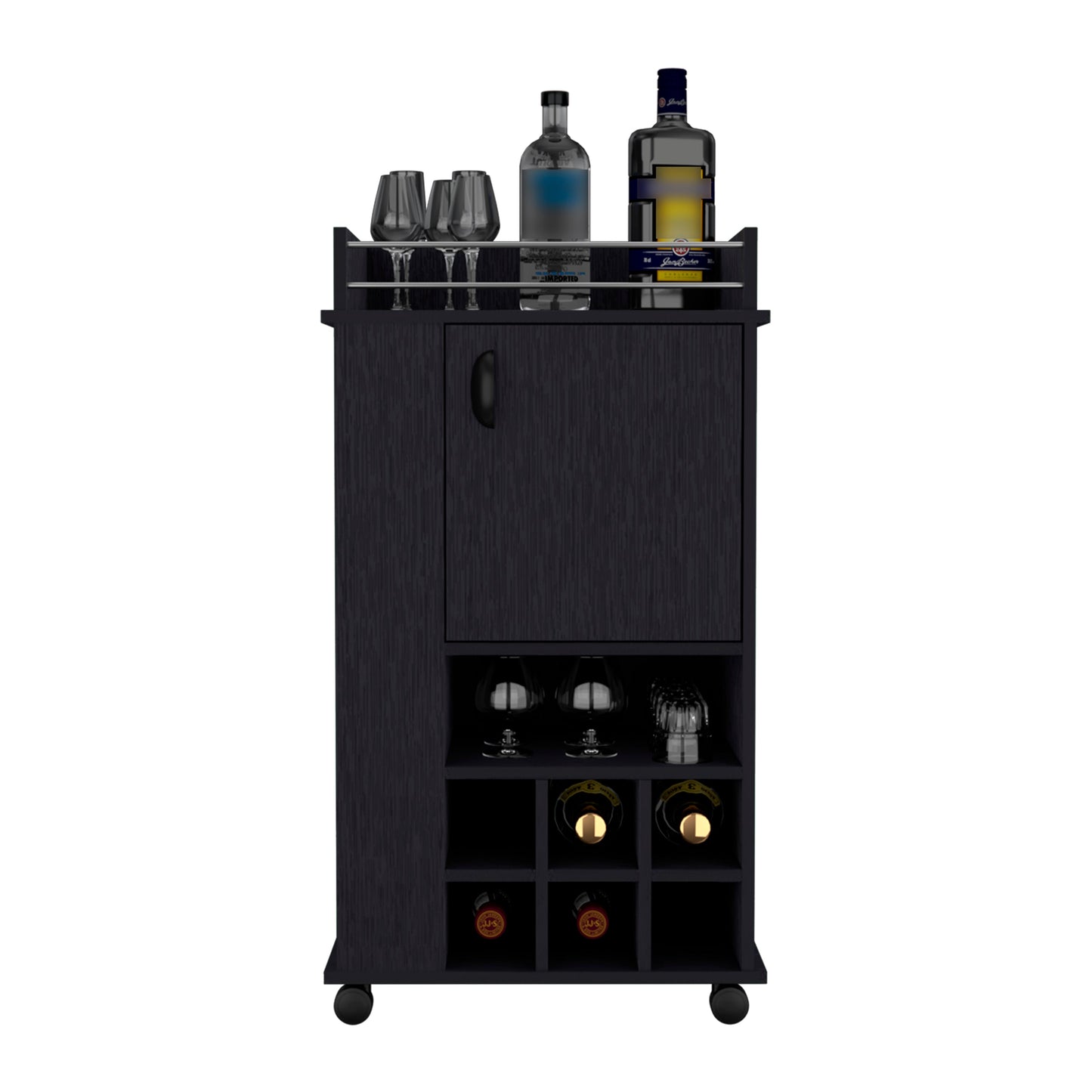 Bar Cart with Casters Reese, Six Wine Cubbies and Single Door, Black