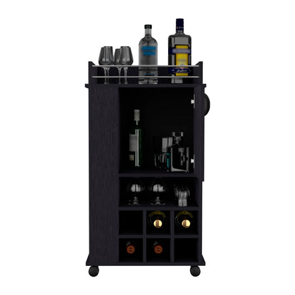 Bar Cart with Casters Reese, Six Wine Cubbies and Single Door, Black