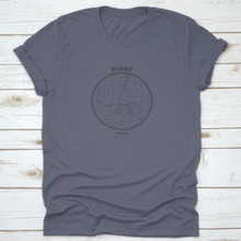 Load image into Gallery viewer, T-Shirt Map Badge Of Plano, Texas Tee Shirt Print Typography Label
