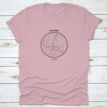 Load image into Gallery viewer, T-Shirt Map Badge Of Plano, Texas Tee Shirt Print Typography Label
