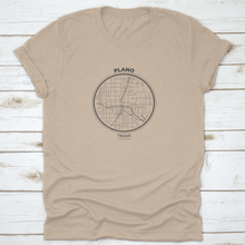 Load image into Gallery viewer, T-Shirt Map Badge Of Plano, Texas Tee Shirt Print Typography Label
