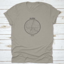 Load image into Gallery viewer, T-Shirt Map Badge Of Plano, Texas Tee Shirt Print Typography Label
