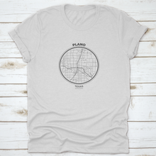 Load image into Gallery viewer, T-Shirt Map Badge Of Plano, Texas Tee Shirt Print Typography Label
