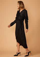 Load image into Gallery viewer, Women&#39;s Puffy Shoulder Dress in Black Stripe
