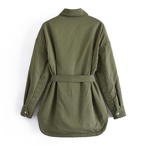 Women Casual Solid Color Parka With With Belt Turn Down Collar Batwing