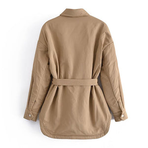 Women Casual Solid Color Parka With With Belt Turn Down Collar Batwing