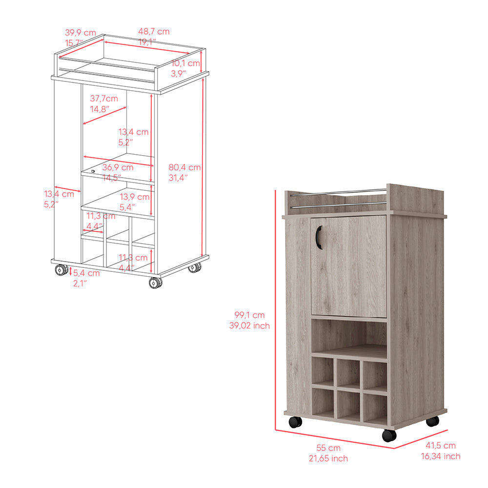 Bar Cart with Casters Reese, Six Wine Cubbies and Single Door, Light