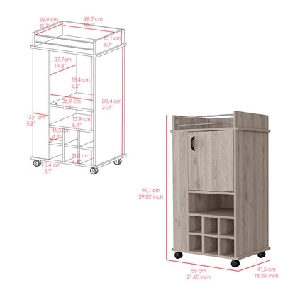 Bar Cart with Casters Reese, Six Wine Cubbies and Single Door, Light