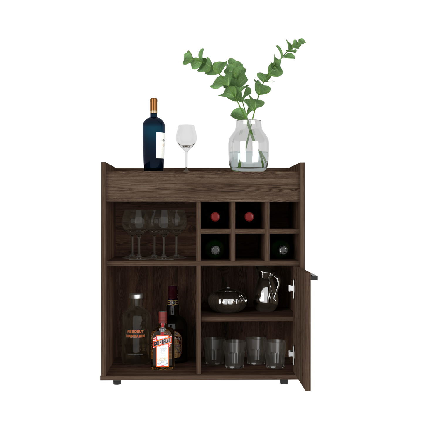 Bar Cabinet Dext, Two Concealed Shelves, Six Wine Cubbies, Dark Walnut