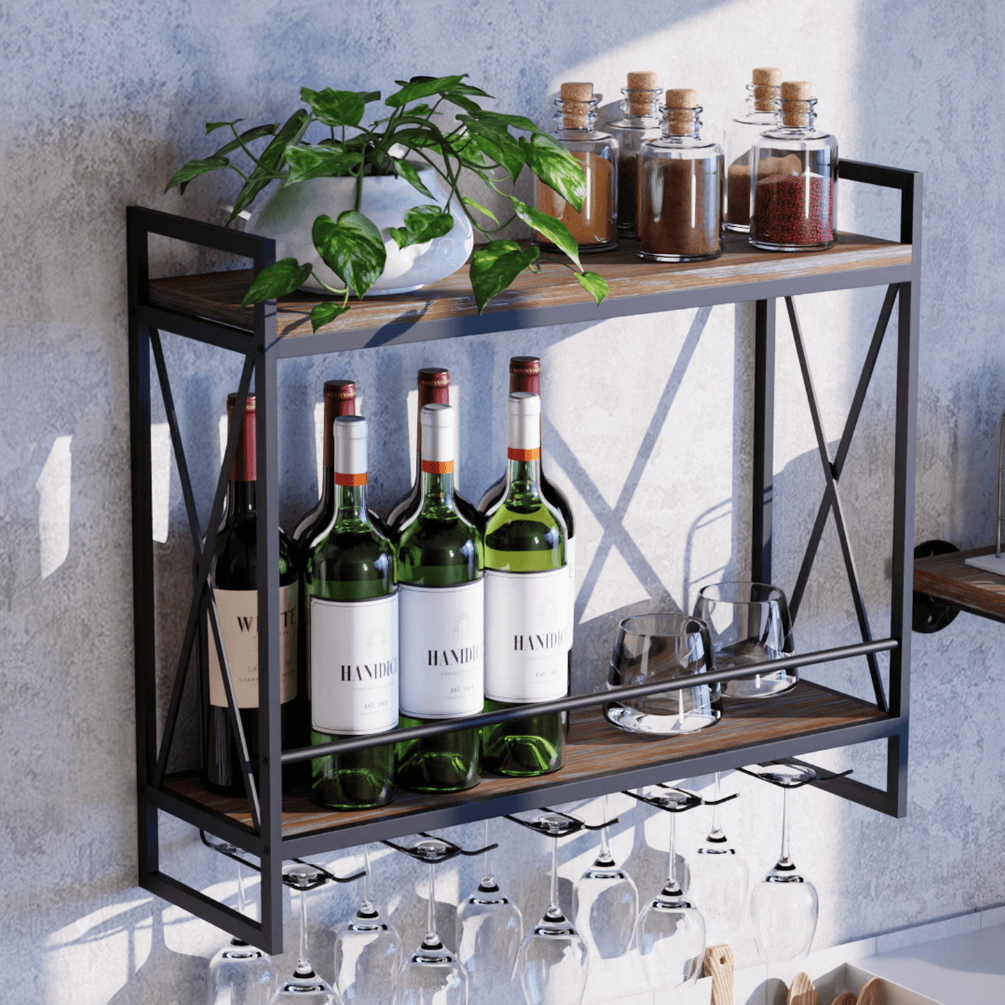 (2 Tier - 23.6in - Black) Industrial Wine Rack Wall Mounted, Wall Wine