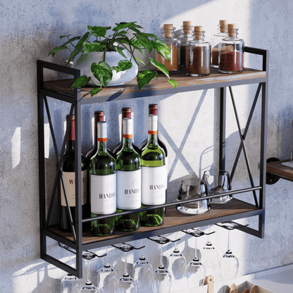 (2 Tier - 23.6in - Black) Industrial Wine Rack Wall Mounted, Wall Wine