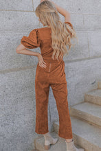 Load image into Gallery viewer, Brown Tie Knot Puff Sleeve Straight Leg High Rise Jumpsuit
