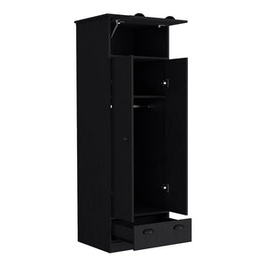 Armoire with Two-Doors Dumas, Top Hinged Drawer and 1-Drawer, Black