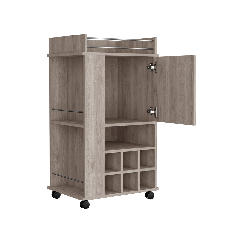 Bar Cart with Casters Reese, Six Wine Cubbies and Single Door, Light