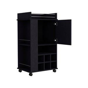 Bar Cart with Casters Reese, Six Wine Cubbies and Single Door, Black